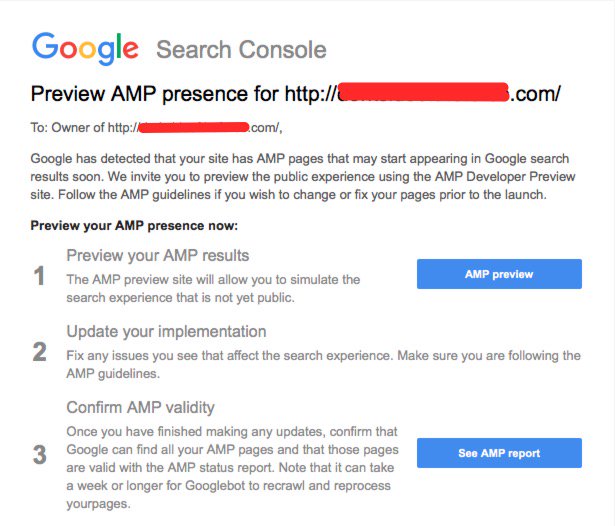 Google Search Console gửi thông báo AMP